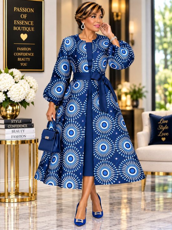 Passion of Essence Dresses & Skirts - Dresses by Nubiano Blue Print 2-Piece Jacket Dress Size 12 DN100462